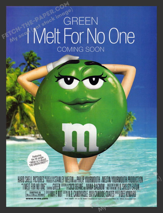 2001 M&M's Sexy Green "I Melt for No One" Beach Scene Print Advertisement Ad.