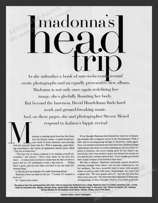 Madonna Magazine Article & Fashion Photos 1990s Print Advertisement Ad 1992 Fetch the Paper!