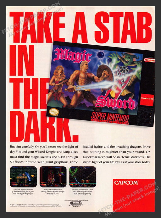 1992 Print Advertisement Magic Sword Video Game Ad.