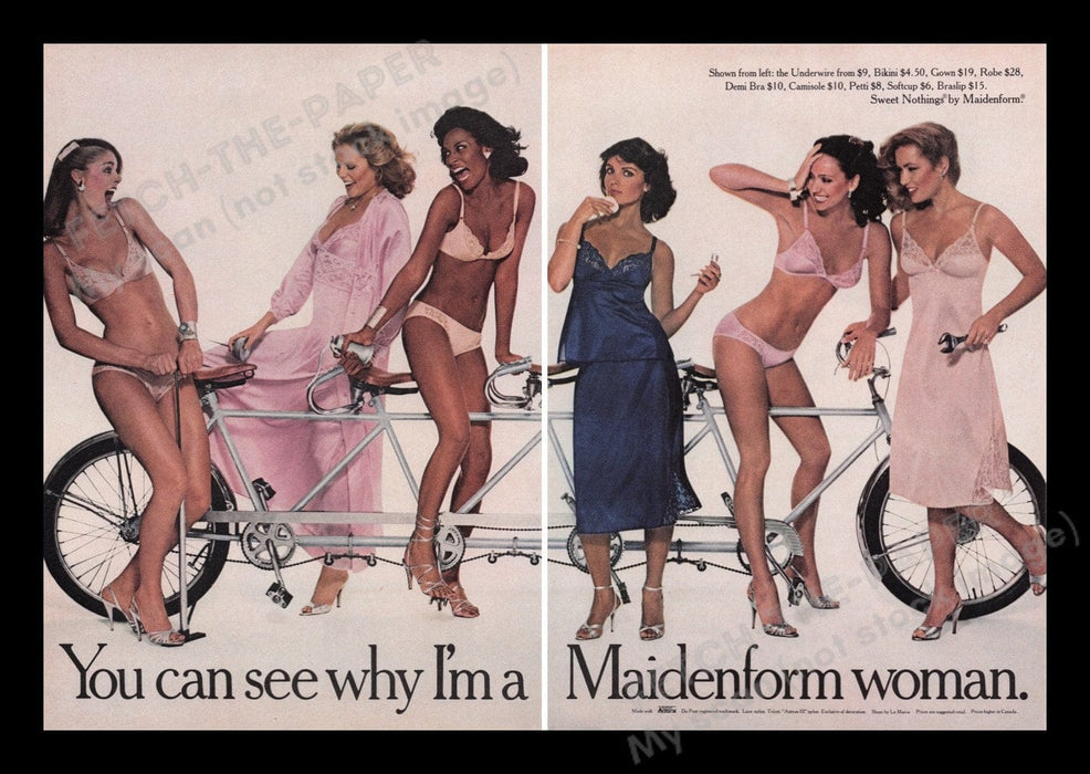 Maidenform Lingerie 1970s Print Advertisement Ad (2 pages) 1979 Tandem Bicycle Fetch the Paper!