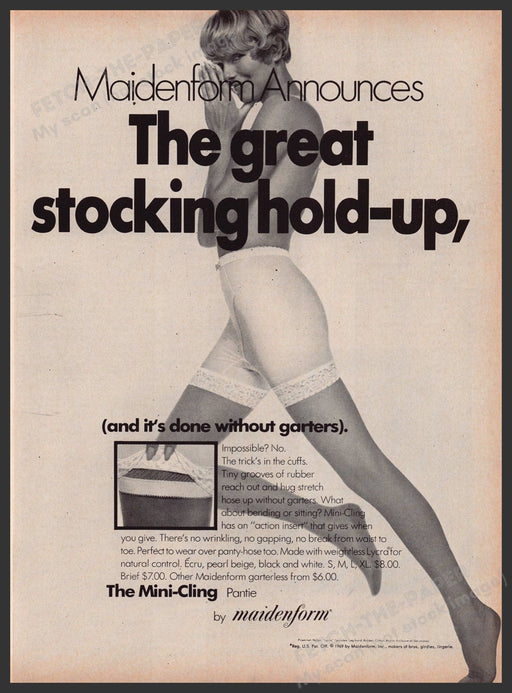 Maidenform Mini-Cling 1960s Print Advertisement 1969 Stockings No Garters Fetch the Paper!