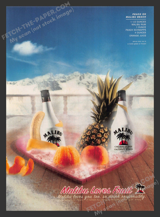 2001 Print Advertisement Malibu Rum Tub Peach on Malibu Beach Recipe Alcohol Ad.
