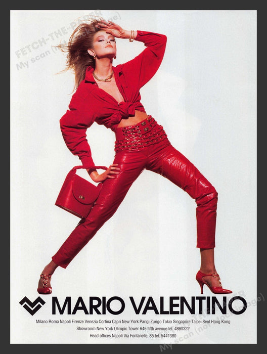 Mario Valentino 1990s Print Advertisement Red Long Legs Fashion Model Fetch the Paper!