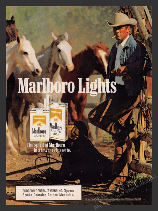 1986 Marlboro Lights Cigarettes Relaxing Cowboy Paddock Print Advertisement Ad