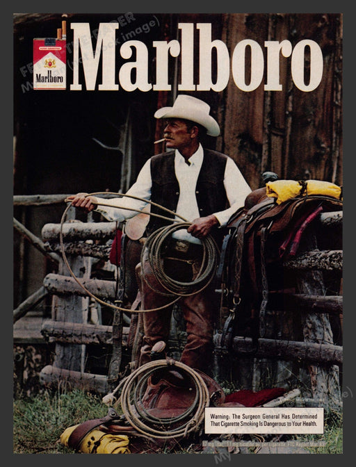 Marlboro 1980s Print Advertisement Ad 1983 Cigarettes Cowboy Rope Saddle Fence Fetch the Paper!