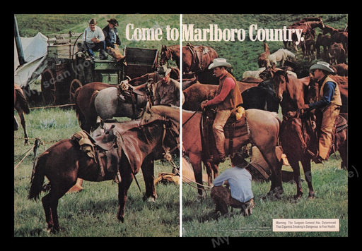 Marlboro Cigarettes 1970s Print Advertisement (2 pages) 1972 Cowboys Fetch the Paper!