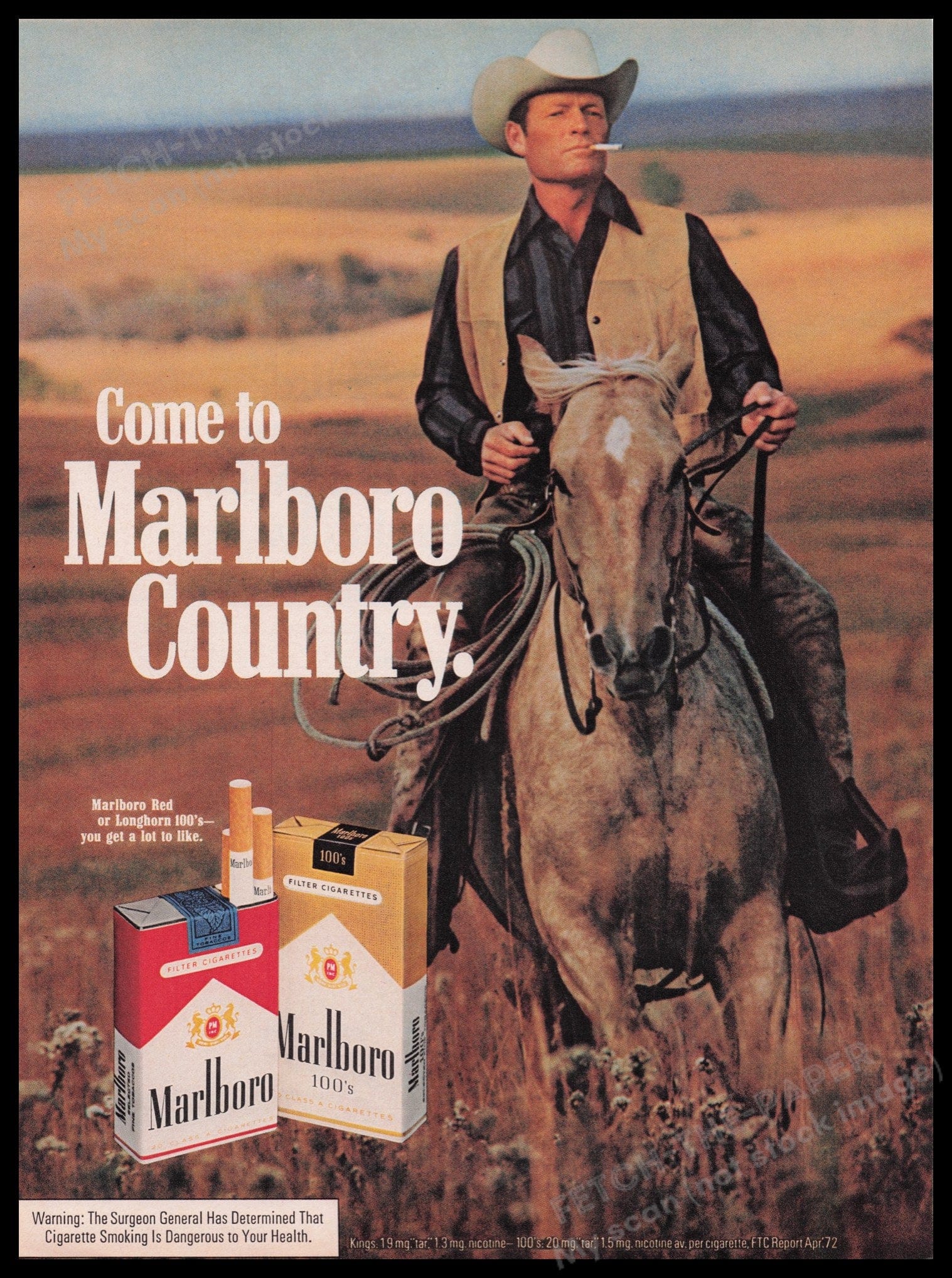 Marlboro Cigarettes 1970s Print Advertisement Ad 1972 Man Riding Horse