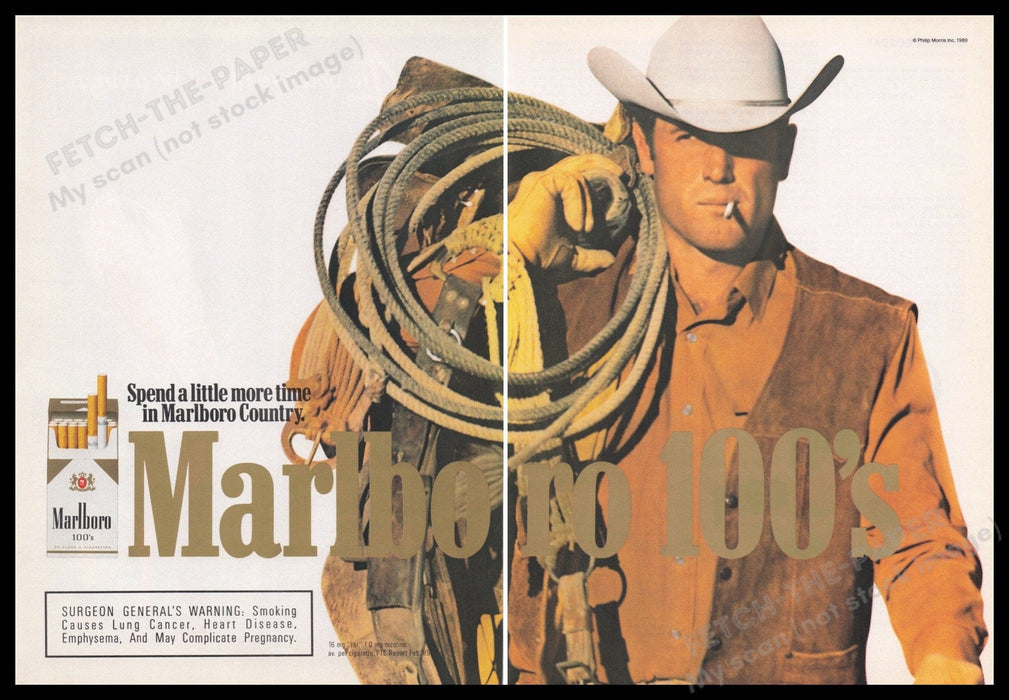 Marlboro Cigarettes 1980s Print Advertisement (2 pages) 1989 Cowboy Rope Fetch the Paper!