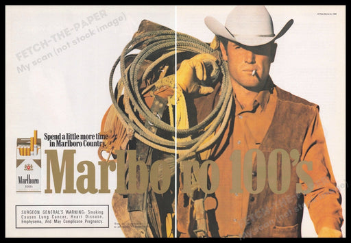 Marlboro Cigarettes 1980s Print Advertisement (2 pages) 1989 Cowboy Rope Fetch the Paper!