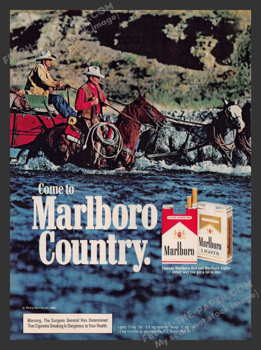 1983 Print Advertisement Marlboro Country Cigarettes Wagon River Cowboys Ad.