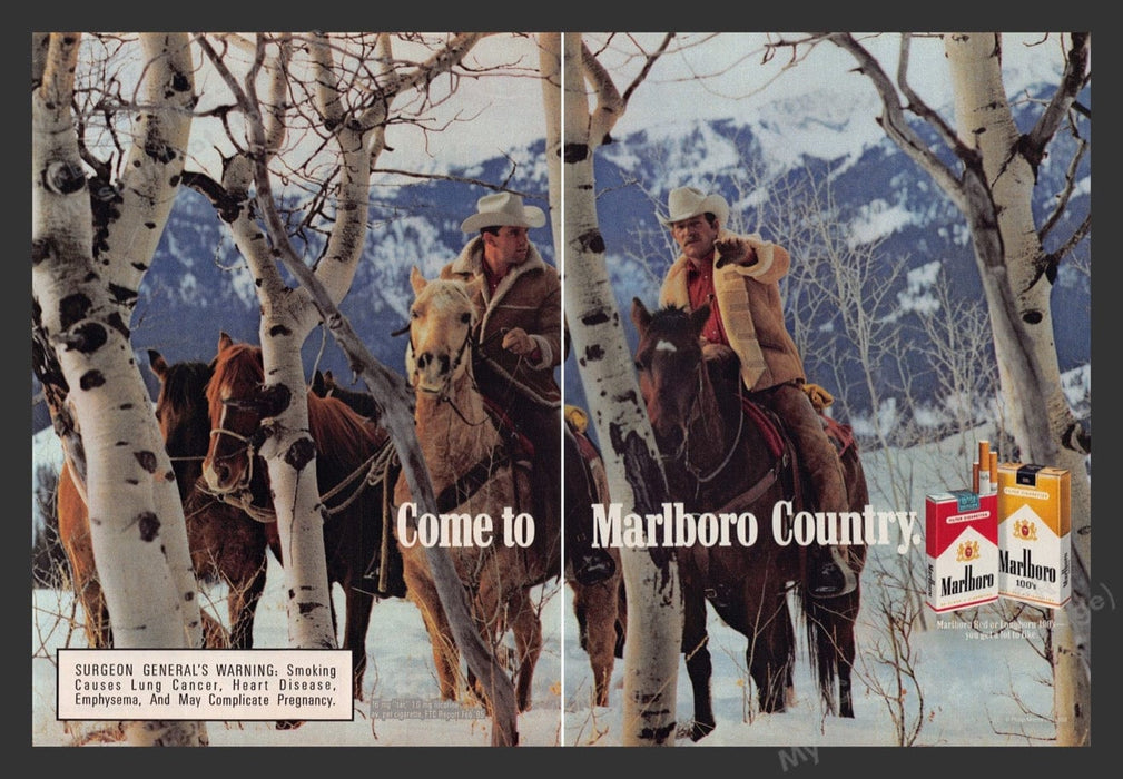 1989 Marlboro Country Cigarettes Winter Birch Trees Cowboys Print Ad (2 Pages)