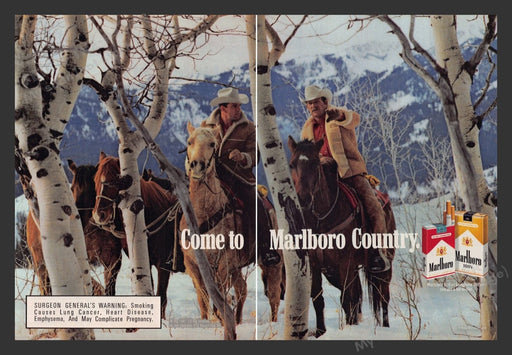 1989 Marlboro Country Cigarettes Winter Birch Trees Cowboys Print Ad (2 Pages)