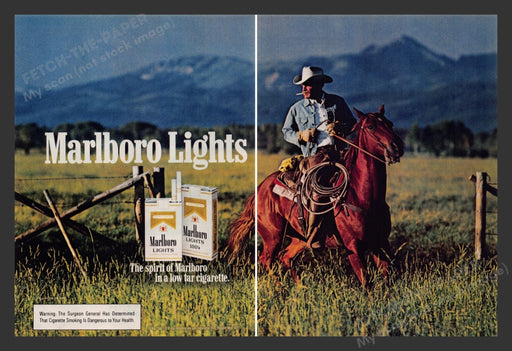 Marlboro Lights 1980s Print Advertisement (2 pages) Cigarettes Cowboy on Horse Fetch the Paper!