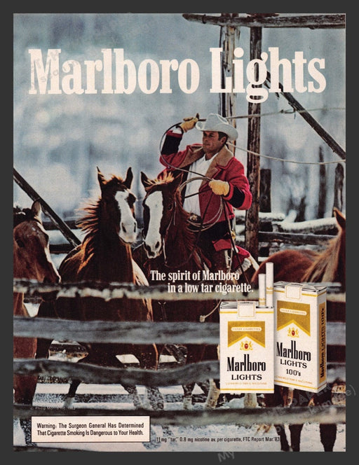 1983 Marlboro Lights Cigarettes Winter Corral Snowy Print Advertisement Ad
