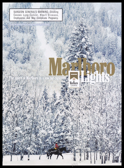Marlboro Lights Cigarettes 1990s Print Advertisement Ad 1995 Snow Cowboy Horse Fetch the Paper!