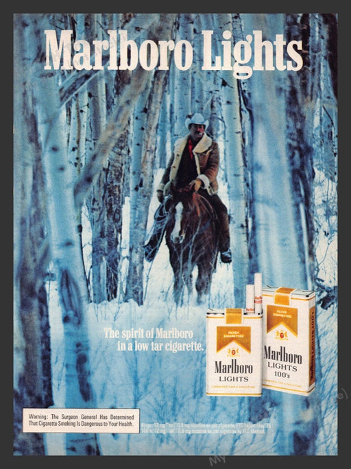 1980 Marlboro Lights Cigarettes Cowboy Birch Trees Winter Print Advertisement Ad