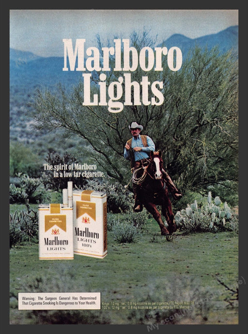 1979 Marlboro Lights Cigarettes Cowboy Galloping Horse Print Advertisement Ad