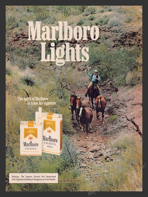 1980 Marlboro Lights Cigarettes Cowboy Gully Roundup Print Advertisement Ad
