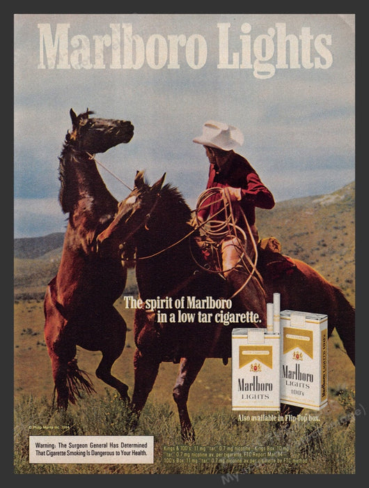 1985 Marlboro Lights Cigarettes Cowboy Roped Rearing Mustang Print Advertisement