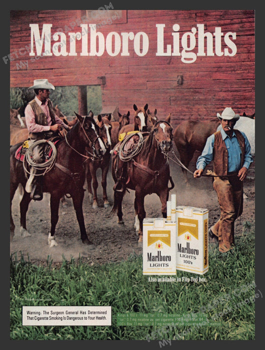 1984 Print Advertisement Marlboro Lights Cigarettes Cowboys Ad.