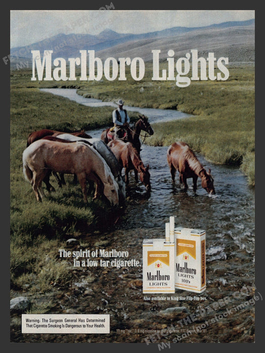1982 Print Advertisement Marlboro Lights Cigarettes Mustangs in Creek Cowboy Ad.