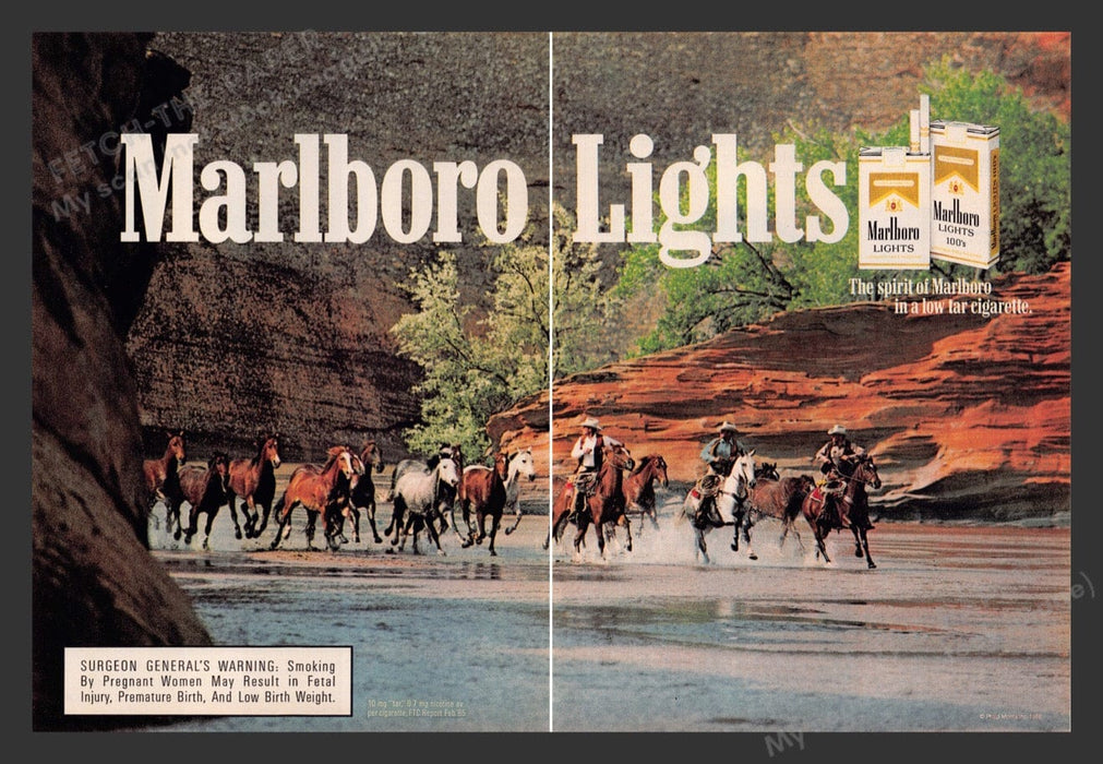 1986 Marlboro Lights Cowboys Roundup Gulch Print Advertisement (2 Pages)