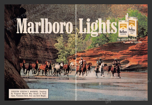 1986 Marlboro Lights Cowboys Roundup Gulch Print Advertisement (2 Pages)