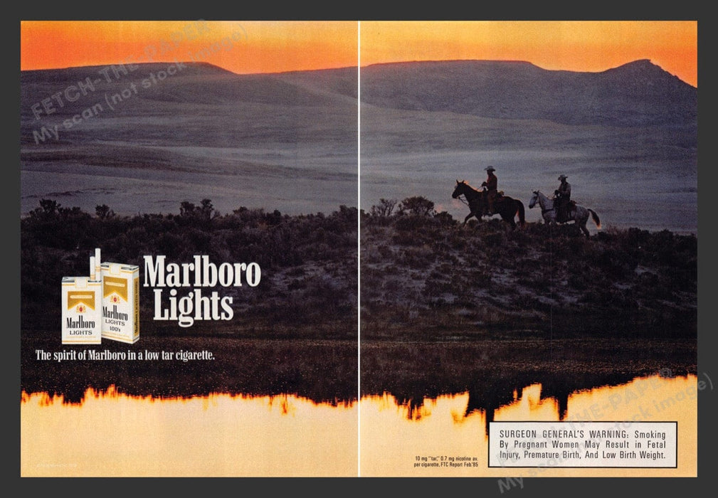 1988 Marlboro Lights Sunset Two Cowboys Print Advertisement (2 Pages)