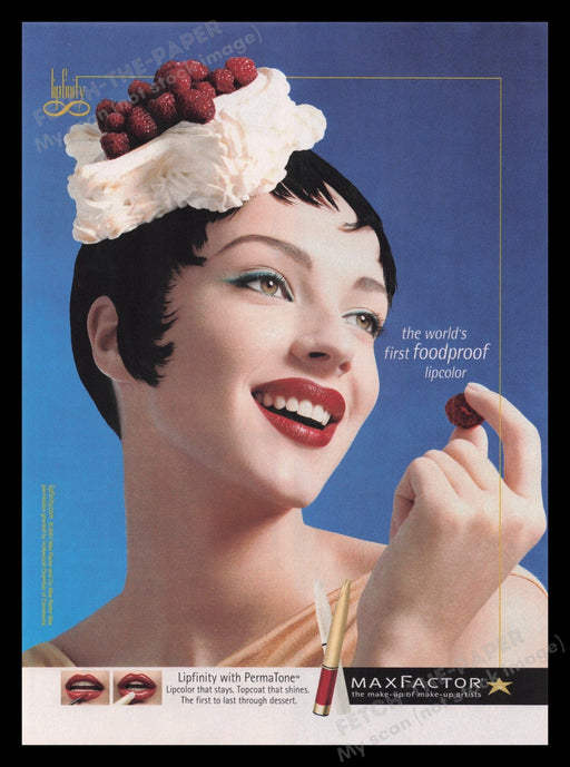 Max Factor 2000s Print Advertisement 2001 Cosmetic Lipfinity Foodproof Lipcolor Fetch the Paper!