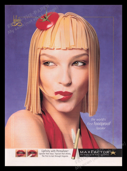 Max Factor 2000s Print Advertisement Ad 2001 Noodle Hair Model Foodproof Lips Fetch the Paper!