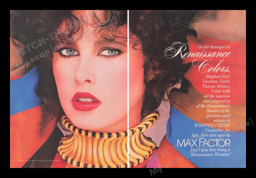 Max Factor Cosmetics 1980s Print Advertisement Ad (2 pages) 1981 Renaissance Fetch the Paper!