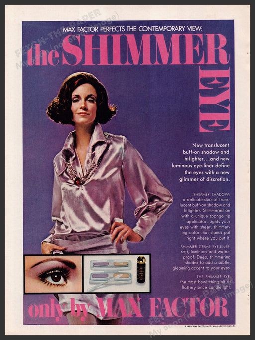 Max Factor Shimmer Eye Shadow 1960s Print Advertisement 1969 Cosmetics Fetch the Paper!