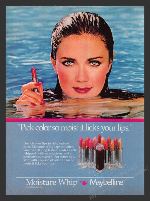 1984 Maybelline Moisture Whip Lynda Carter Pool Lipstick Print Advertisement Ad