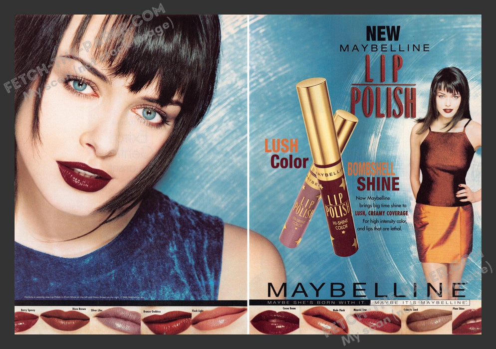 1998 Print Advertisement 2 Page Maybelline Lip Polish Bombshell Fashion Model.