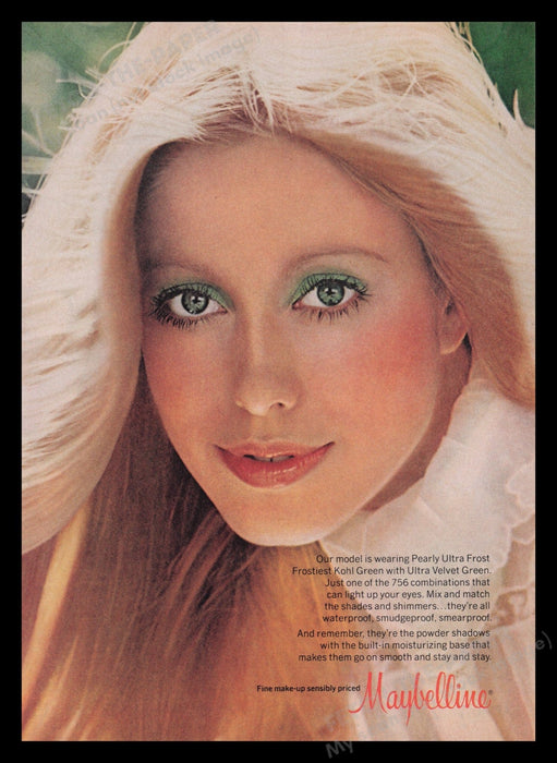 Maybelline Cosmetics 1970s Print Advertisement Ad 1977 Frost Kohl Green Eyes Fetch the Paper!