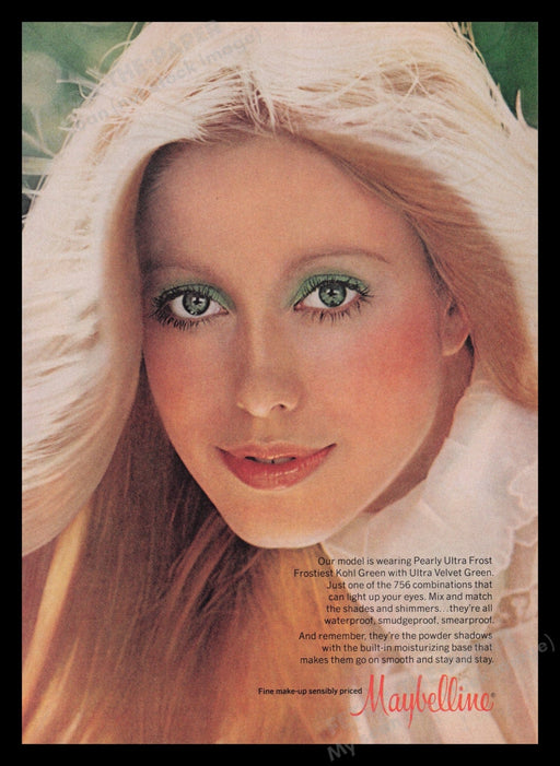 Maybelline Cosmetics 1970s Print Advertisement Ad 1977 Frost Kohl Green Eyes Fetch the Paper!