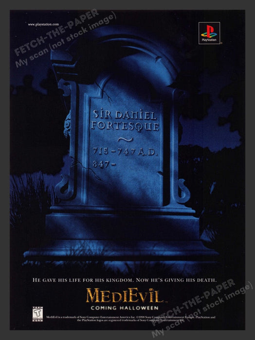 Medievil 1990s Video Game Print Advertisement Grave Stone Sir Daniel 1998 Fetch the Paper!