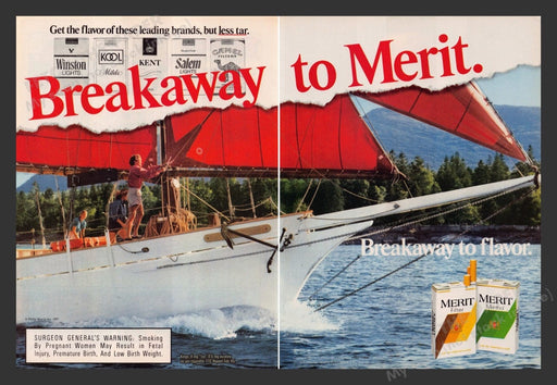 1987 Merit Cigarettes Breakaway Sailboat Red Sails Print Advertisement (2 Pages)