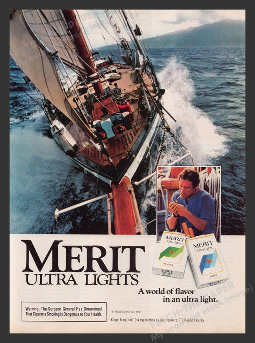 Merit Ultra Lights Cigarettes Sailing 1980s Print Advertisement Ad 1985 Fetch the Paper!