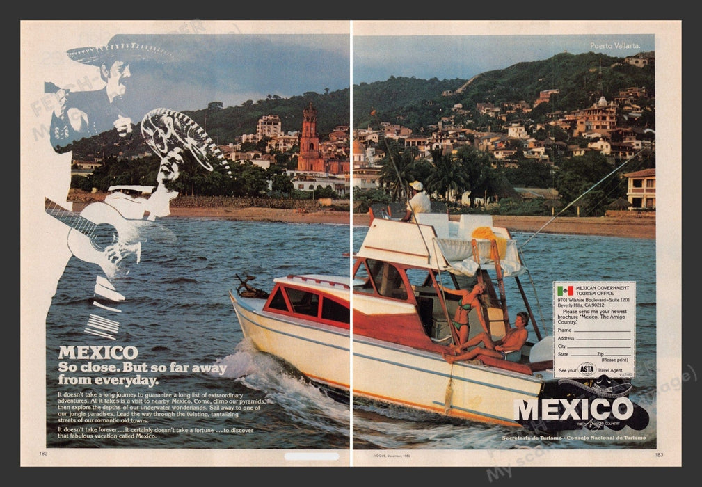 Mexico Promo Puerto Vallarta Coastline 1980s Print Advertisement (2 pages) 1980 Fetch the Paper!
