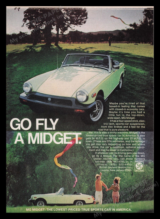 MG Midget by British Leyland Car 1970s Print Advertisement Ad 1977 Flying Kite Fetch the Paper!