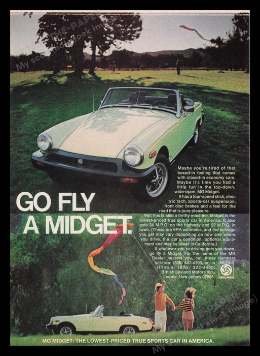 MG Midget by British Leyland Car 1970s Print Advertisement Ad 1977 Flying Kite Fetch the Paper!