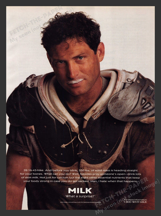 Milk 1990s Print Advertisement 1995 Steve Young Football Mustache Quarterback Fetch the Paper!