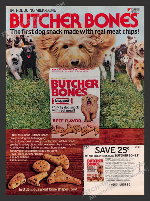 1983 Print Advertisement Milk-Bone "Butcher Bones" Dog Treats Ad.