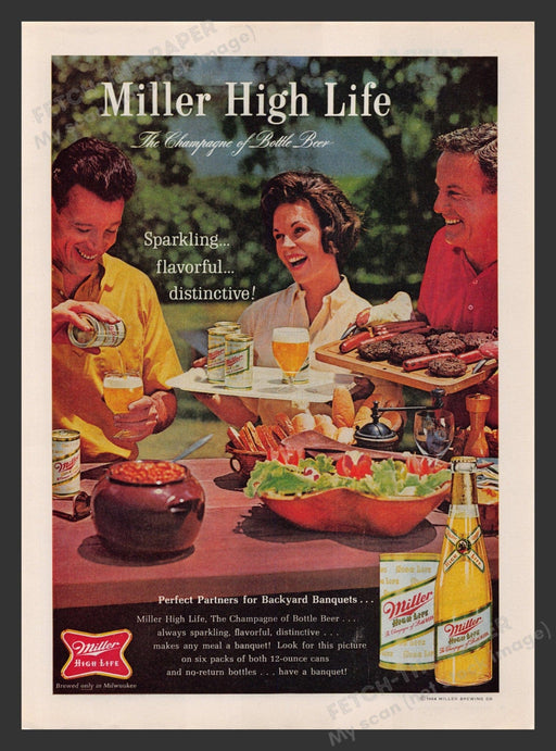 Miller 1960s Print Advertisement 1964 High Life Family Picnic BBQ Beer Fetch the Paper!