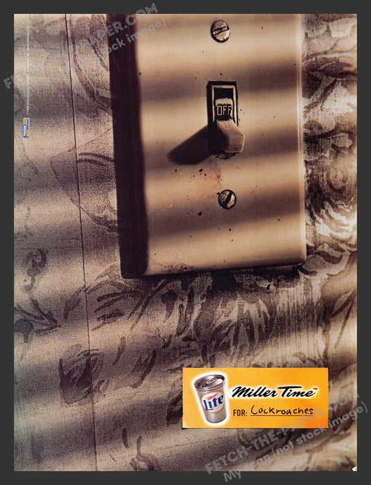 1998 Print Advertisement Miller Time for Cockroaches Light Switch Alcohol Ad.