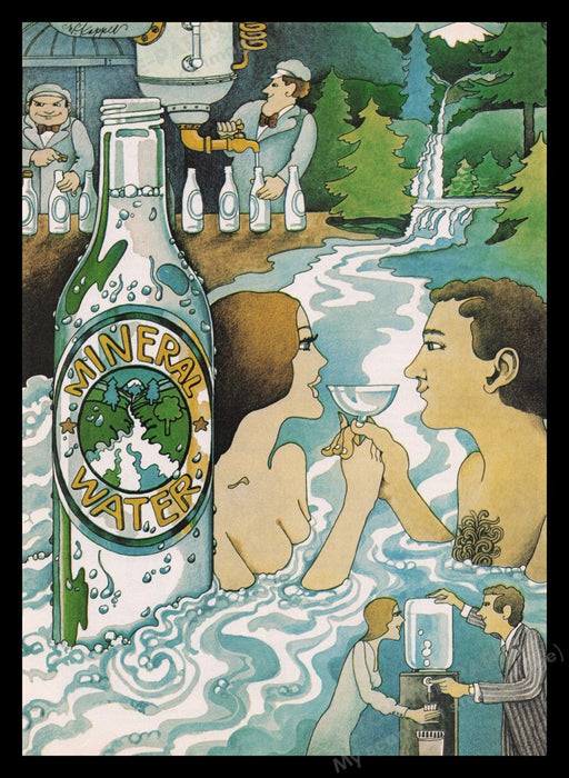 Mineral Water 1970s Magazine Illustration 1977 Couple Skinny Dipping Fetch the Paper!