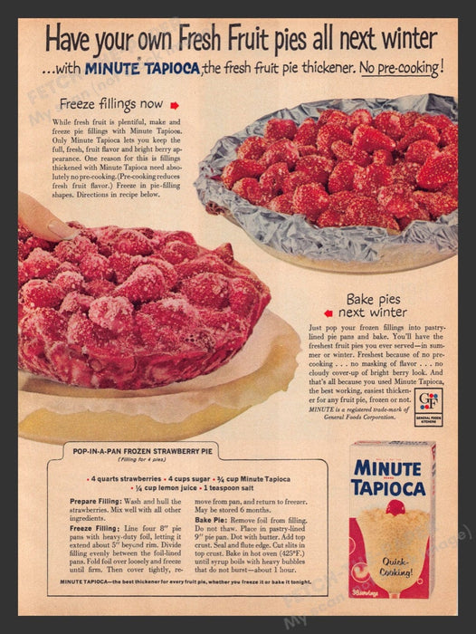 1963 Minute Tapioca "Frozen Pie" Recipe Print Advertisement Ad