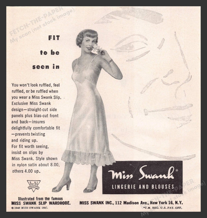 1948 Miss Swank Lingerie Slip Print Advertisement Ad