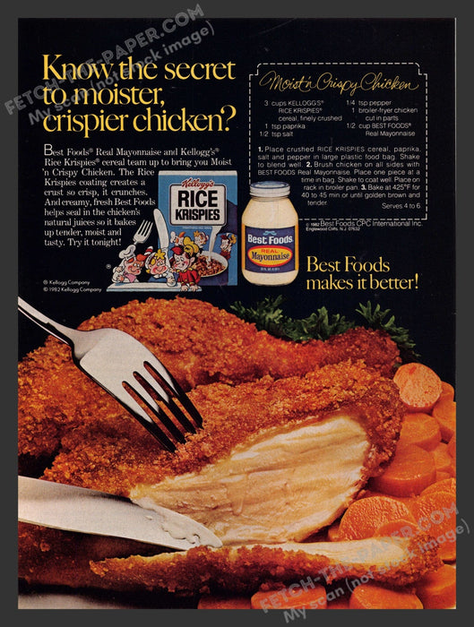 1982 Print Advertisement Moist 'n Crispy Chicken Recipe Krispies & Mayo Ad.